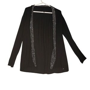 80‎ PARK City Black Cardigan Rhinestone Trim Open Front Lightweight S oversized
